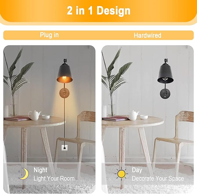 HOXIYA DIMMABLE Swing Arm Plug in Wall Lamps Set of 2, Plug-in Wall Sconce with Dimmer Switch Cord, Matte Black Metal Industrial Reading Light Fixture Wall Mounted for Bedside Bedroom Living Room