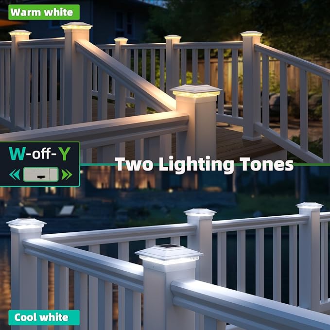 Post Cap Lights Outdoor 4pack, Waterproof Fence Post Solar Lights for 4x4 5x5 6x6 Wood/Vinyl Posts, White Solar Deck Post Lights with 2 Color Modes Decorate Garden Patio Porch Backyard