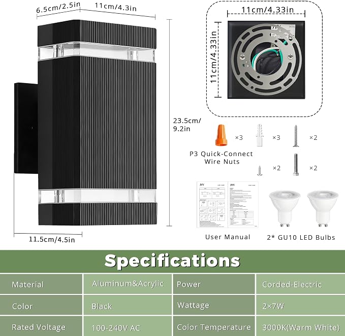 JYV Dusk to Dawn Square Outdoor Wall Lights, Up and Down Porch Lights,Black | Aluminum Exterior Lighting Fixtures with 2 * 7W Bulbs 3000K, Waterproof Outdoor Sconces Wall Lighting, for House Porch Garage