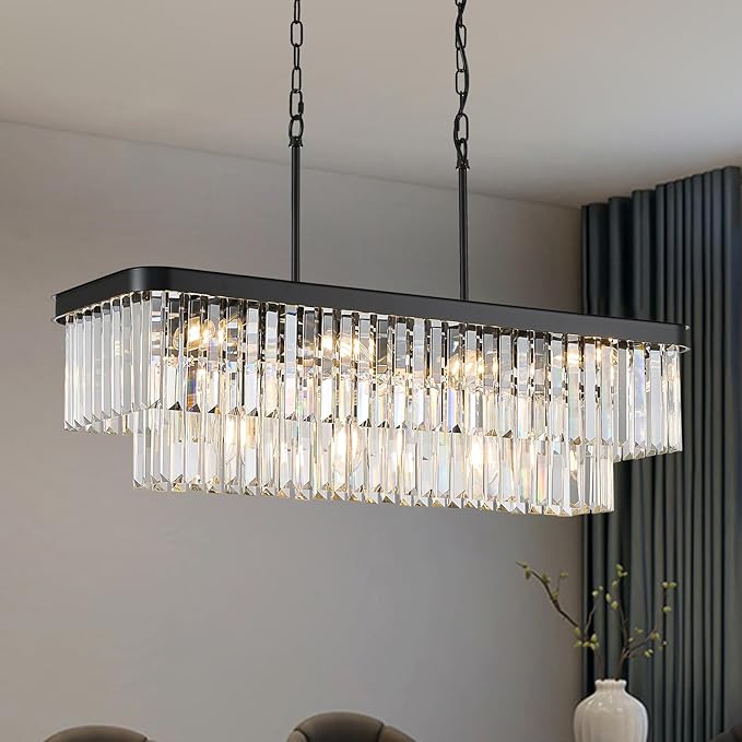 Modern Rectangular Crystal Chandeliers for Dining Room 11 Lights L33.5” Black Rectangle Chandelier Luxury K9 Crystal Ceiling Pendant Light Fixture for Kitchen Island Bar