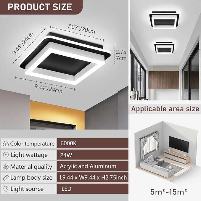 CANEOE 3 Packs Square Flush Mount Ceiling Light, 6000K Black Modern LED Ceiling Light Fixture, Minimalist Hallway Lighting Fixture Ceiling Lamp for Hallway Entryway Bedroom Balcony (Black&White)