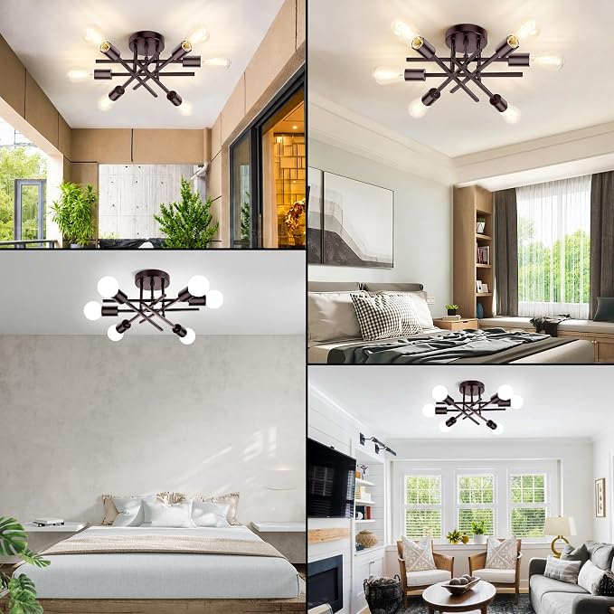 6-Light Semi Flush Mount Ceiling Light Fixture, Modern Industrial Sputnik Ceiling Light, E26 Close to Ceiling Light for Kitchen, Bedroom, Dining Room, Living Room, Hallway, Brown