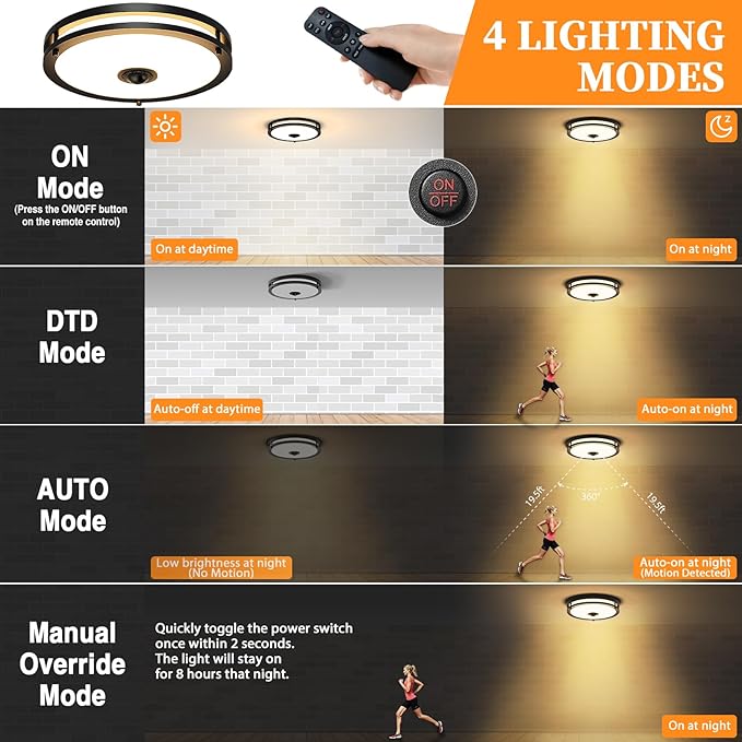 2 Pack Motion Sensor Outdoor Ceiling Light with Remote, 24W Dimmable 2700K/3000K/3500K/4000K/5000K Flush Mount Porch Light, 12" Dusk to Dawn Exterior Lighting Fixtures for Porch, Entryway