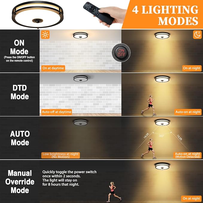 12" LED Motion Sensor Outdoor Ceiling Light with Remote, 24W | Dusk to Dawn, 2700K/3000K/3500K/4000K/5000K Dimmable, 4 Lighting Modes, 24W Flush Mount Ceiling Light for Entryway, Black