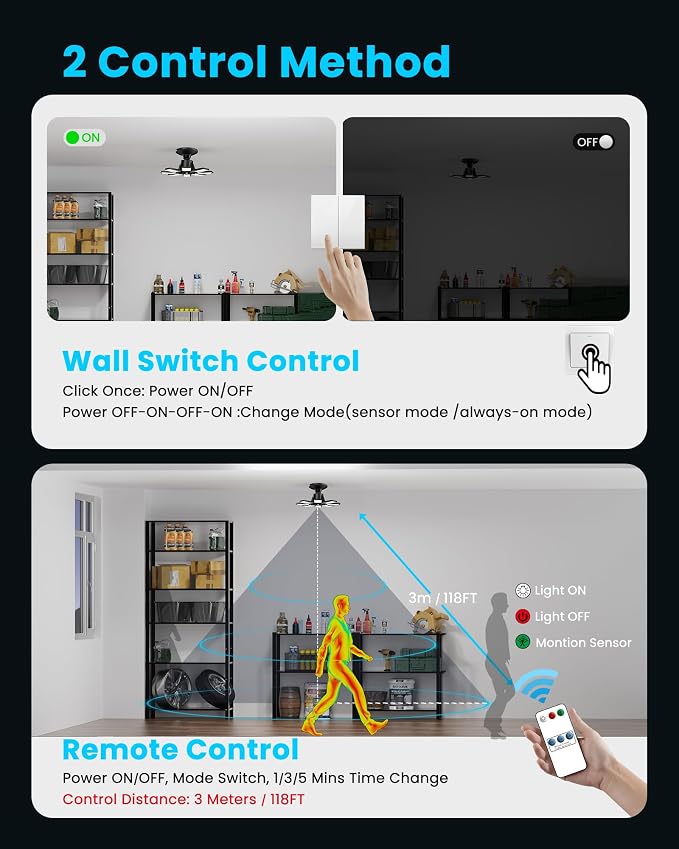 250W Motion Sensor Garage Light, 25000LM,6500K Daylight, E26 Base, 1 Pack | Dual Control Design, 3 Lighting Modes, 8+1 LED Deformable Panels, 360° Detection, for Garage Workshop Barn Attic