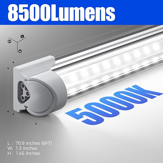 Barrina T8 LED Shop Light, 6FT 60W 8500LM 5000K, Clear Cover Linkable Garage Lights, V-Shape LED Light Fixture, Shop Lights for Garage, Warehouse, Workshop, Basement, ETL Listed, 6 Packs