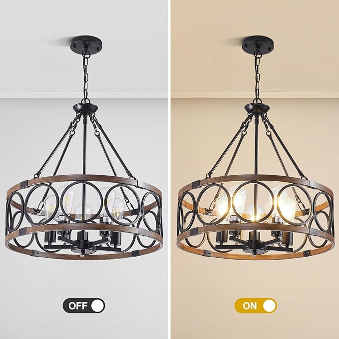 20.5'' Farmhouse Chandelier, 5-Light Walnut Wood Grain Dining Room Light Fixture Over Table, Rustic Industrial Drum Hanging Pendant Lights Fixture for Kitchen Island Bedroom Hallway Foyer Entryway