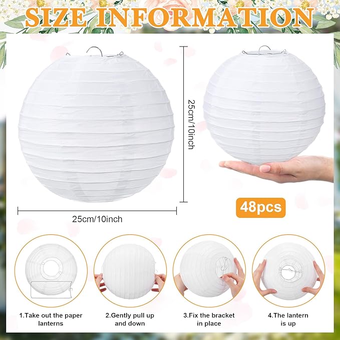 Treela 48 Pack White Chinese Japanese Paper Lanterns Decorative Hanging Round Paper Lantern Lamps for Wedding Birthday Party Decorations (10 Inch)