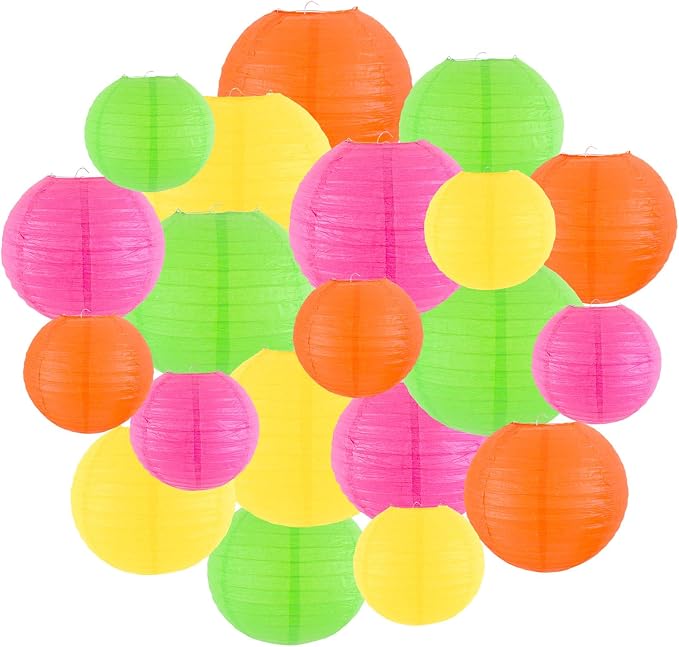Paper Lanterns Party Decorations, Hanging Round Chinese Lanterns for Glow in The Dark Party Neon Birthday Decorations Pack of 20 Colorful