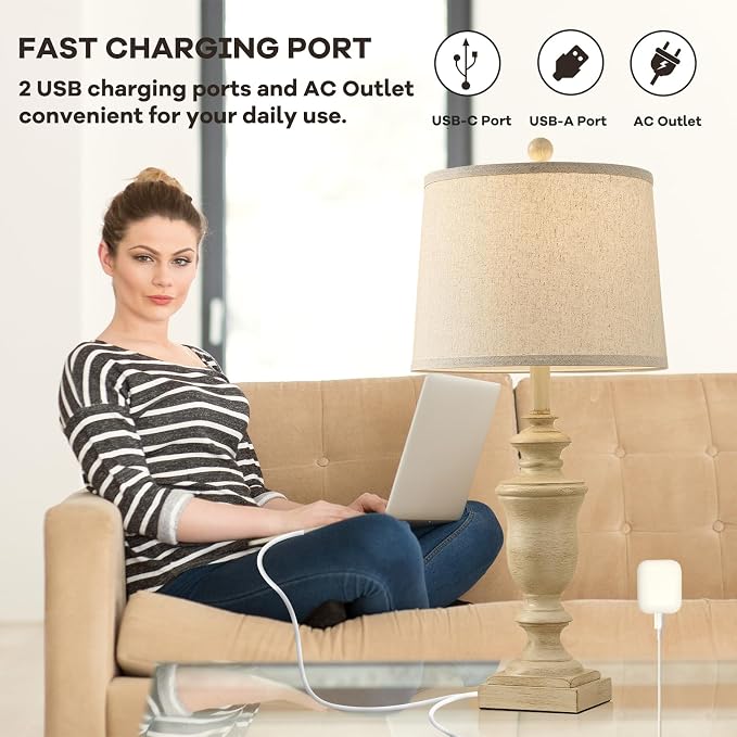 SAIWEYA 27.5" Vintage Farmhouse Table Lamps Set of 2 Bedside Lamp, 3 Way Dimmable Bedroom Lamps with 2 USB Ports +AC Outlet Nightstand Lamp Rustic Lamp