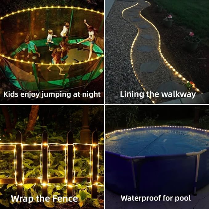 YEGUO Solar Rope Lights Outdoor Waterproof, 2 Packs Each 33ft 100 LED String Lights, 8 Modes Fairy Lights in Clear Thin Tube for Camping Fence Patio Garden Trampoline Deck(Warm White)