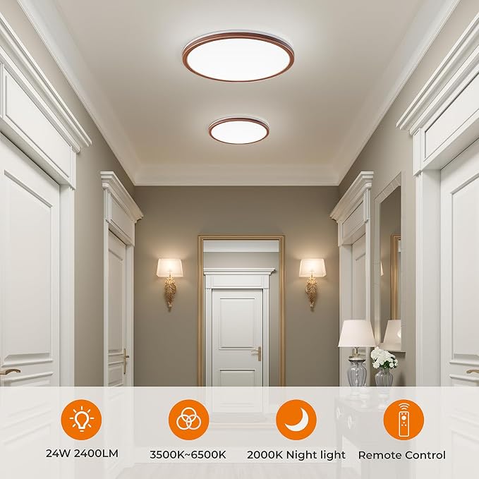 Matane 12in Flush Mount Ceiling Light Fixture with Remote Control, Nightlight 2000K Warm, 3000K-6500K Adjustable, Wired Low Profile Ceiling Lights for Bedroom, Kitchen, Living Room Walnut