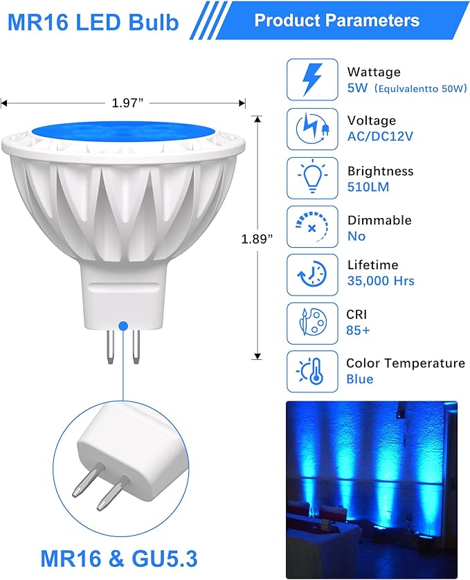 6-Pack MR16 Blue LED Bulbs-Aquatic 5W 50W Halogen GU5.3 12V 38° Spot for Water Features, Moonlight, Parties & Indoor Ambiance