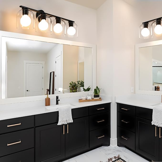 WOSHITU Bathroom Vanity Light Fixtures: 32.3 Inch Modern Matte Black Bathroom Lighting Fixtures Over Mirror with Clear Glass Shade 4 Light Vanity Lighting Fixtures Farmhouse Vanity Lights