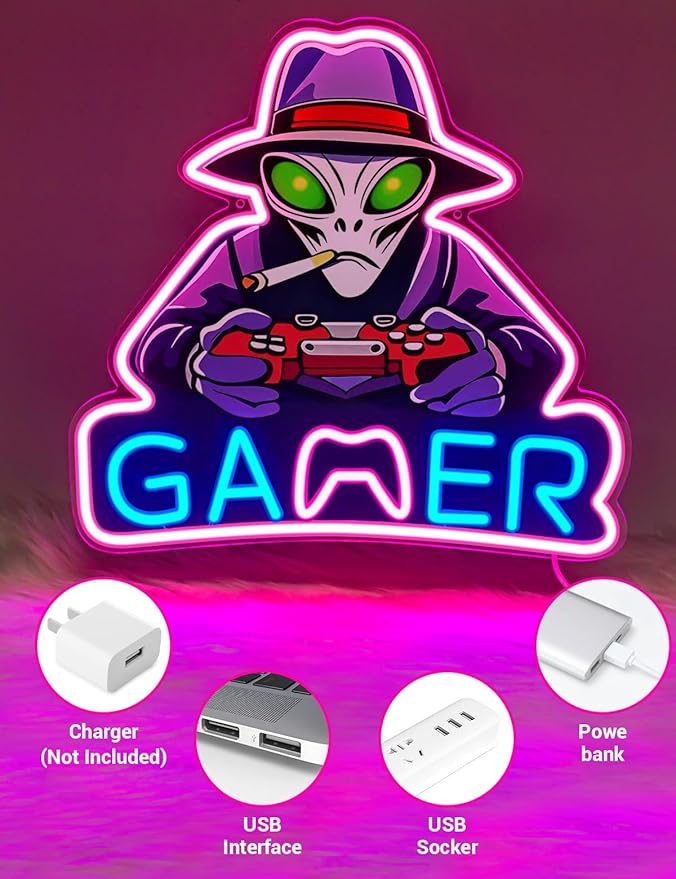 Alien Neon Signs for Gamer Room Wall Decor, Gamer Neon LED Signs Light for Man Cave, UV Printed Gaming LED Light for Bar Party Birthday Christmas Gift (Alien Gamer)