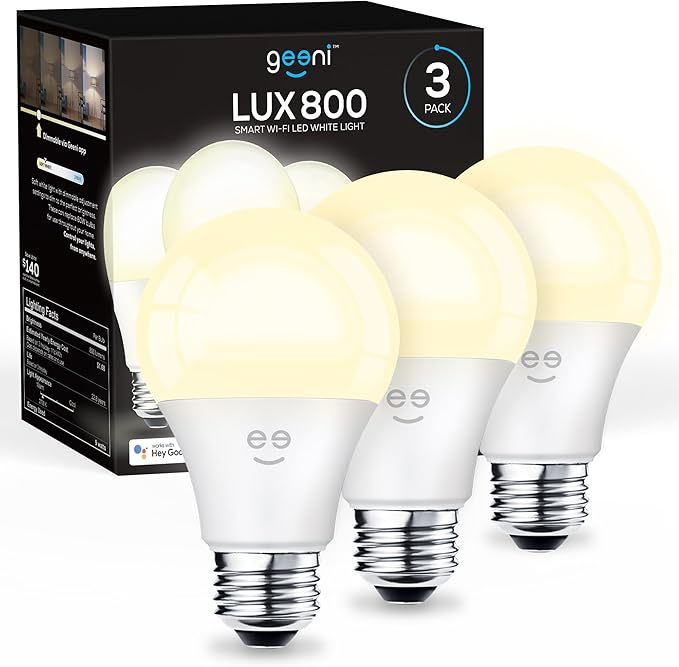 Geeni Smart LED Light Bulb A19 Wi-Fi Dimmable Soft White 800 Lumens, 3-Pack | Dimmable, no hub required, works with Alexa & Google Home