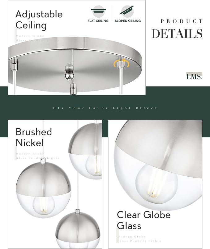Modern Brushed Nickel 3-Light Cluster Pendant Lights, Mid Century Pendant Lighting with Clear Globe Glass Shade, Adjustable Hanging Cord Ceiling Light for Bathroom Dining Room, LMS-186BNC3