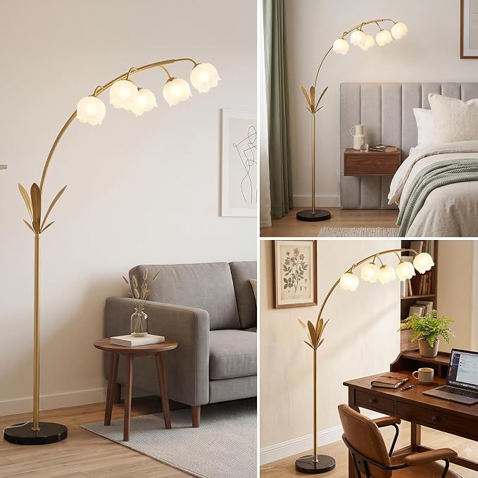HMVPL Gold Floor Lamp for Living Room, Flower Floor Lamp with 5 G9 LED Bulbs, Foot Switch, Arc Tall Lamp with Acrylic Shade, Marble Base, Mid Century Standing Lamp for Living Room Corner Bedroom Home