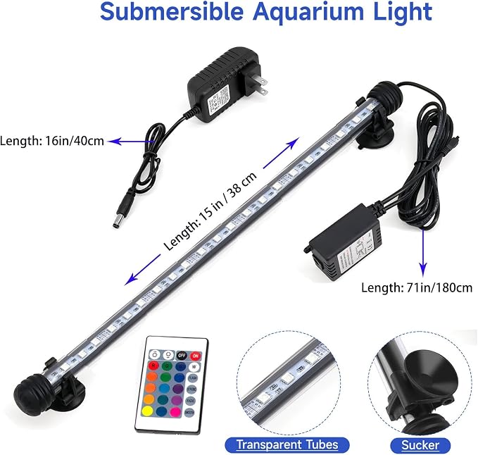 15 inches LED Aquarium Light, Fish Tank Light Underwater Light Submersible Crystal Glass Lights, 21 LED Beads 16 Colors 4 Modes Brightness Adjustable Memory Function IP68 Waterproof, 15"