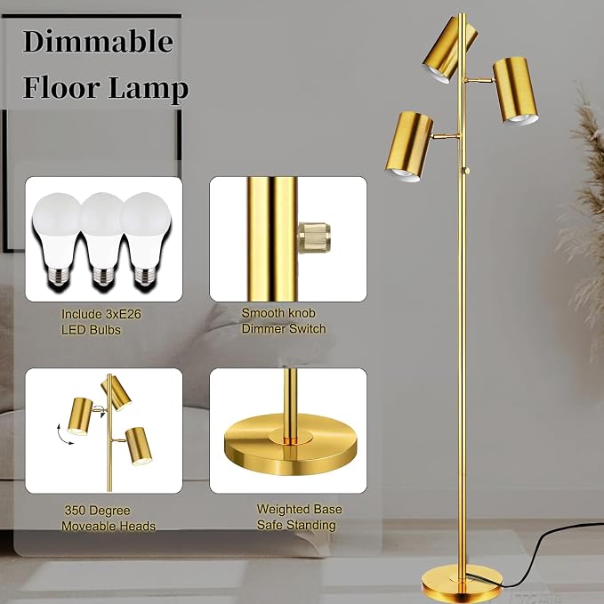 Ldeco Tree Floor Lamp for Living Room,Stepless Dimmable Gold Standing Tall Pole Lamp with 3 Bulbs,Modern Reading Floor Lamp for Living Room Bedroom Office,9W E26 LED Bulbs Includeds (Gold-Dimmable)