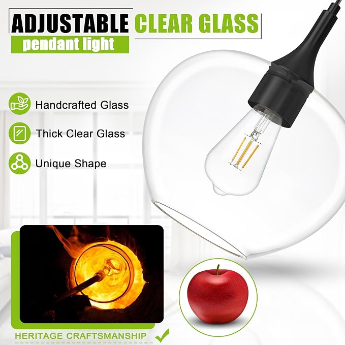 9.45in Black Pendant Lights Kitchen Island with Clear Glass Shade 1Pack | Handcrafted Glass Pendant Light Fixtures, UL Certified, E26 Base 100W Max, Height-Adjustable, Dimmable Hanging Pendant Light