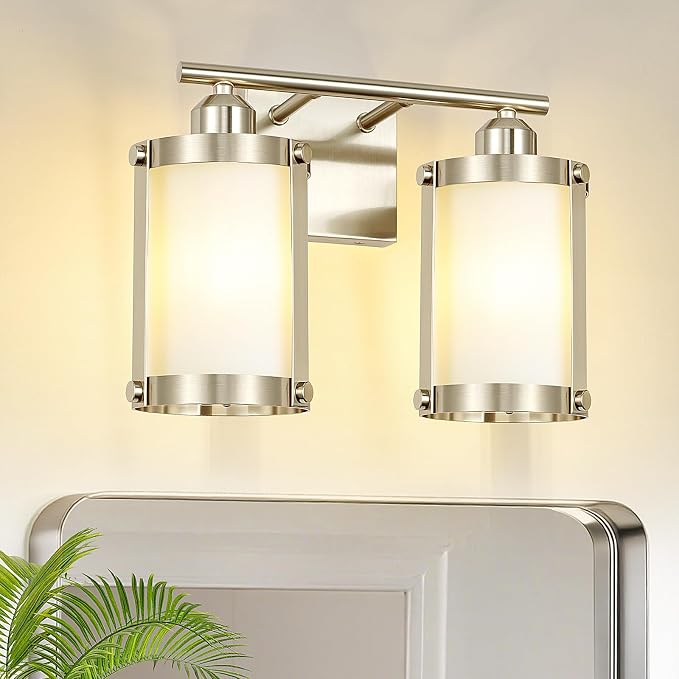 2-Light Brushed Nickel Bathroom Light Fixtures with Milk White Frosted Glass, 13.2" UL-Listed Modern Wall Sconce Over Mirror with Metal Cage for Bath, Hardwire E26, OS-3014BNW-2W