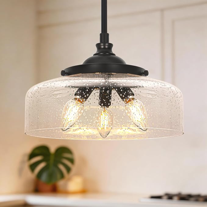 Black Vintage 3-Light Pendant Lights Kitchen Island, Adjustable Height Kitchen Island Lighting, Bathroom Pendant Light with Bubble Glass Shade- Dual Mount Ceiling & Hanging Fixtures with 90° Swivel