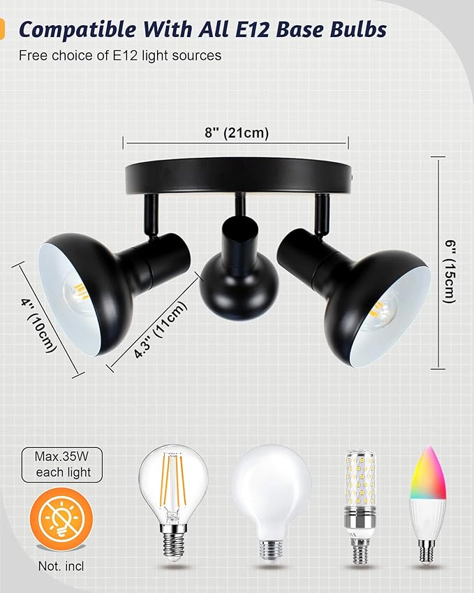 HiBay 3-Light Track Lighting, Farmhouse Ceiling Light Fixtures Black, Directional Spotlight Round for Kitchen Bedroom Dining Room, E12 Base (Bulbs Not Included)