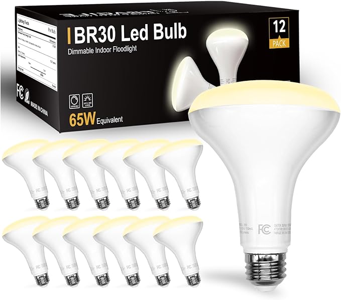 DAYBETTER BR30 Recessed Light Bulbs Equivelent 65W Dimmable Warm White 2700K, 12Pack 9W BR30 Indoor Flood Light Bulbs, E26 Base for Kitchen Bathroom, 120V