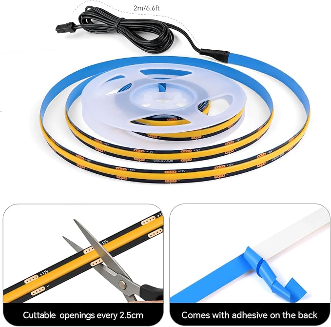 Touch Dimmable Black COB LED Strip Lights 6PCS 12V 6.56Ft 3000K Warm | LED Recessed Lighting Kit Self-Adhesive LED Uner Cabinet Light for Wood Slat Wall Panels Headboards Shelves Display Cabinet