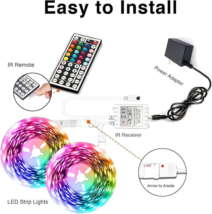 dalattin LED Strip Lights 200ft Lights Strip for Bedroom, Desk, Indoor Room Bedroom Brithday Gifts Decor with 44 Keys Remote and 24V Power Supply Color Changing Lights,2 Rolls of 100ft