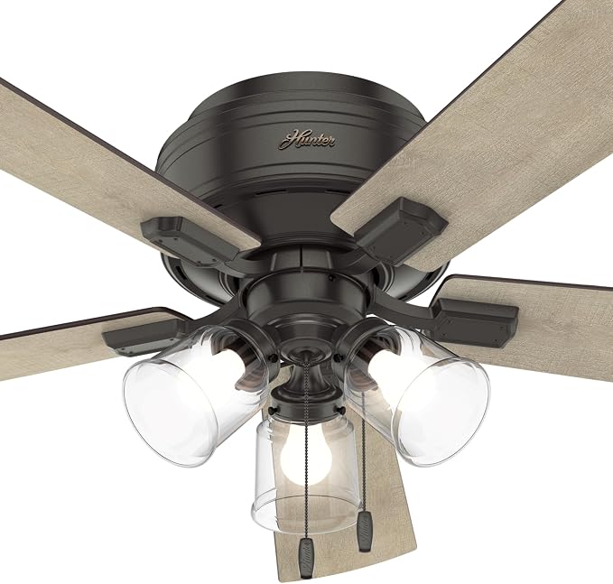 Hunter Crestfield, Indoor, Ceiling Fan, Quiet, 52 inch, Noble Bronze | with LED Lights and Pull Chain, Low Profile Flush Mount, 5 Blades, For Bedroom, Living Room, Kitchen, 54208