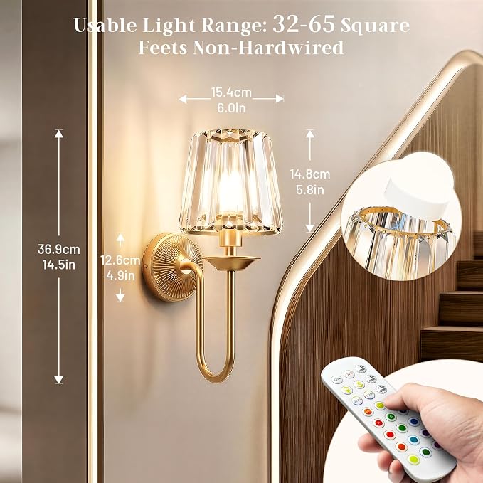 Gold Battery Operated Wall Sconces Set of Two, Crystal Wireless Rechargeable Wall Lights with Remote, Dimmable 3 CCT and 12 RGB Cordless Wall Lamps for Bedroom Living Room Hallway Decor