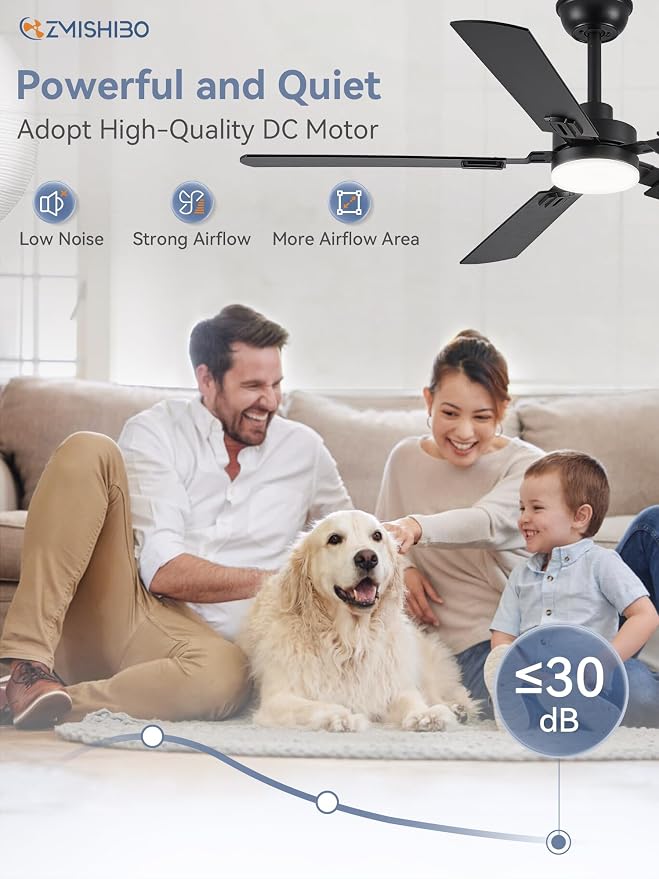 ZMISHIBO 52" Ceiling Fans with Lights and Remote, Black Modern for Indoor | 24W 2400LM Bright LED, 3CCT, Dimmable, App Control, Farmhouse Dual Finish Blades, Quiet&Strong Motor for Bedroom, Living Room