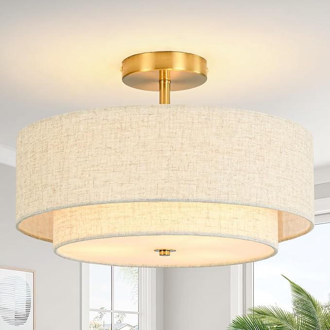 16" Semi Flush Mount Ceiling Light, 3-Light Gold Drum Ceiling Light Fixture | 2-Tier Fabric Linen Shade Design, Farmhouse Chandelier for Dining Room, Living Room, Bedroom, Kitchen, Hallway, Entryway