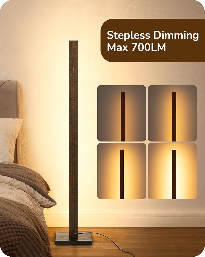 EDISHINE Wooden LED Corner Floor Lamp, Modern Standing Light with Remote, Minimalist Dimmable Floor Lamps for Living Room, Bedroom, Office, 7 Color Temperature 2700~6000K, 48.43"