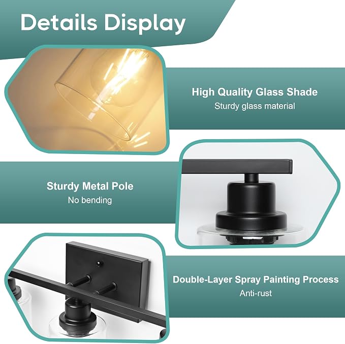 Ascher Bathroom Light Fixtures, 3-Light Vanity Light Over Mirror, Matte Black Wall Sconces with Clear Glass Shades, Wall Lamp for Living Room Bedroom, E26 Base(Bulbs Not Included)