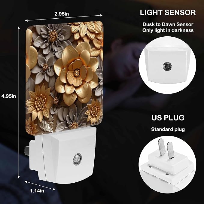 LED Night Light Lamp with Smart Sensor Dusk to Dawn Sensor,Abstract Artistic Floral Golden Brushstrokes Night Light Daylight White,0.5W Plug-into Wall for Adults,Bedroom,Hallway,Kitchen