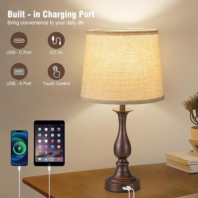 Bedside Table Lamp Touch Control Bedroom Lamps with USB A + C Charging Port 3 Way Dimmable Touch Lamps for Nightstand Living Room Bedroom Dorm Home Office Reading, Set of 2 (Beige Shade & Brown Base)