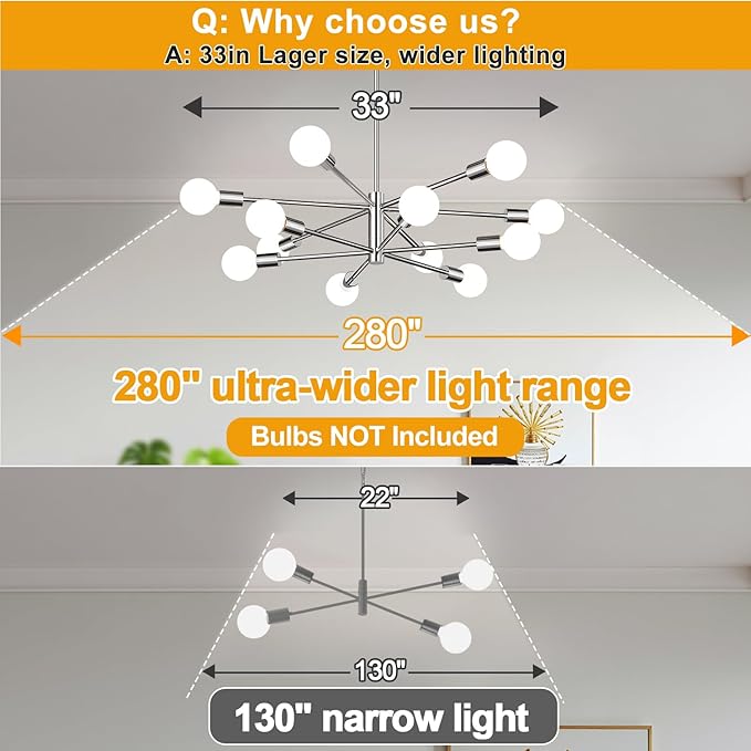 33" Modern Chandelier Ceiling Light Fixture, 12-Light Sputnik Chandeliers Chrome Mid Century Chandelier Over Table, Height Adjustable Chandeliers for Dining Room Living Room Kitchen