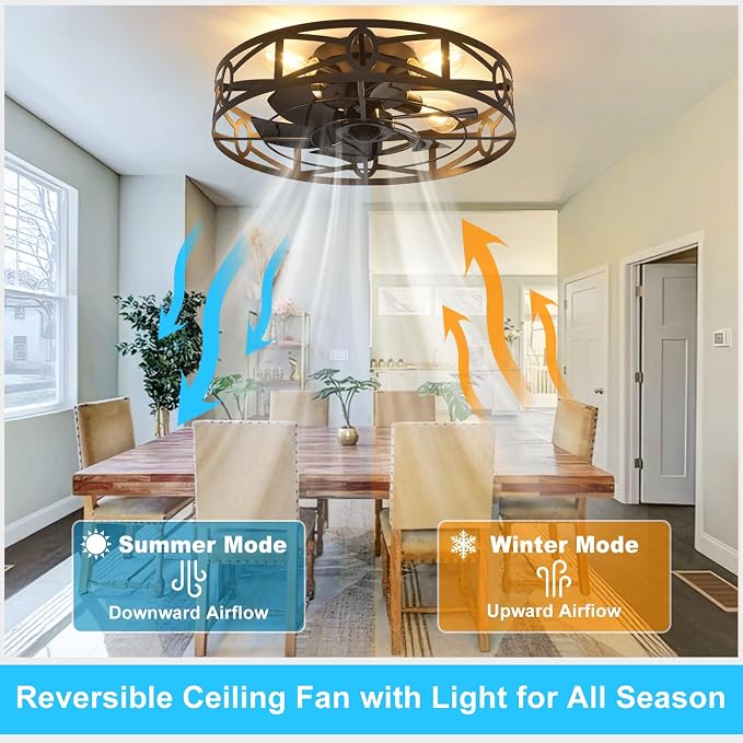 Depuley Flush Mount Ceiling Fan: 20" Caged Ceiling Fans with Remote Control for Patio Kitchen Bedroom - Low Profile Fandelier Lights Fixture Reversible 6 Speed Timer Black 4*E26 Bulb Not Included