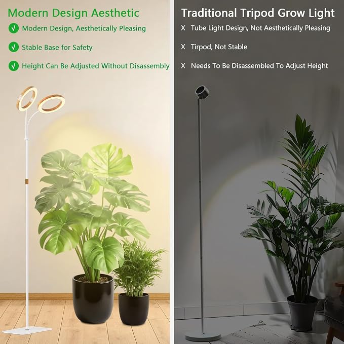 SDOVUERC Full Spectrum Grow Light with Stand for Indoor Plants, Floor Plant Light, 6/12/18H Timer, 3 Color Modes, Adjustable Height 16.5–68in, for Large Plants & Home Décor(2 Heads,Faux Wood Grain)