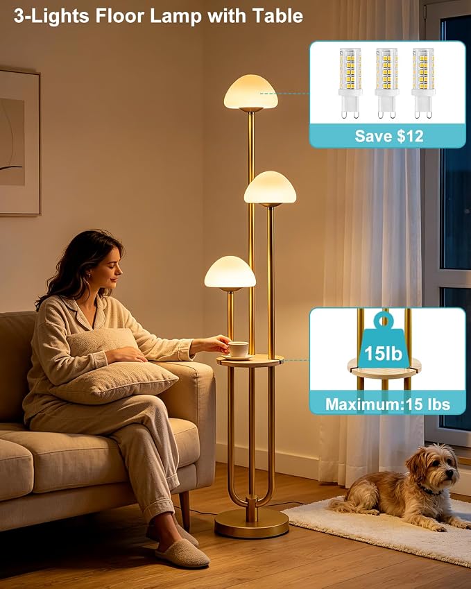 Gold Dimmable Floor Lamp with Table Modern Floor Lamps with 5Lbs Heavy Base for Living Room 3000K Tall Standing Lamp with Mushroom Shades & Bulbs Included for Bedroom/Office//Sofa Beside/Corner Decor