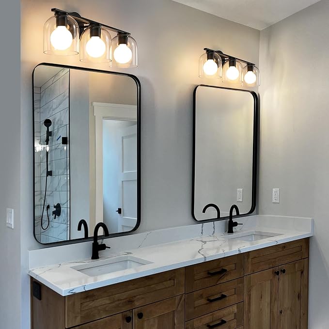 WOSHITU Bathroom Vanity Light Fixtures: 23.3 Inch Modern Matte Black Bathroom Lighting Fixtures Over Mirror with Clear Glass Shade, 3 Light Vanity Lighting Fixtures Wall Lights Over Mirror