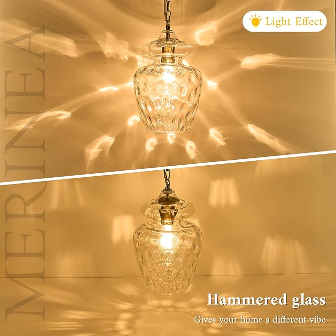 Modern Gold Pendant Lights Hammered Glass Pendant Lighting 9" Single E26 Hanging Ceiling Light for Kitchen Island Dining Room Hallway Bedroom Entryway