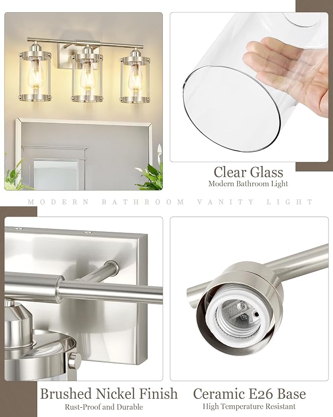 3-Light Brushed Nickel Bathroom Light Fixtures, 21 Inch Modern Bathroom Vanity Lighting Fixtures Over Mirror with Clear Glass and Metal Cage Wall Sconce Lights for Bath, E26, OS-3014BN-3W