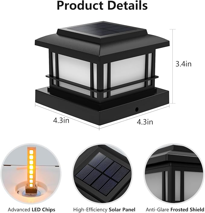 8 Pack 4x4 Post Solar Lights Outdoor with Flickering Flame, Fence Post Solar Lights Fit for 3.5x3.5 4x4 Wooden Vinyl Posts, Waterproof Solar Lights for Deck, Fence, Patio, Yard Decor (Black)