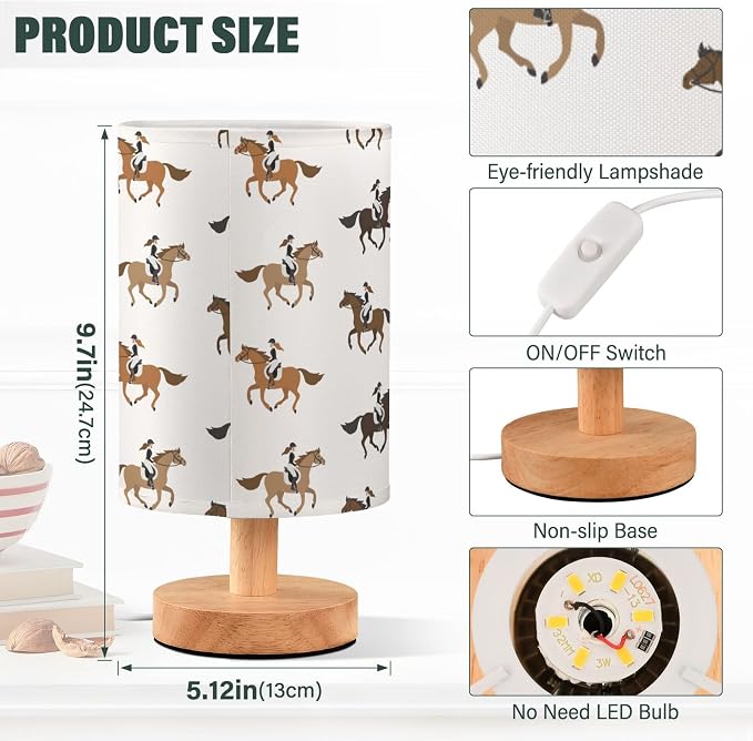 Table Lamp Cowgirl on Horse Pattern Nightstand Lamp with Wood Base Fabric Lamp Shade Bedside Desk Lamp for Living Room Bedroom Kids Room Office