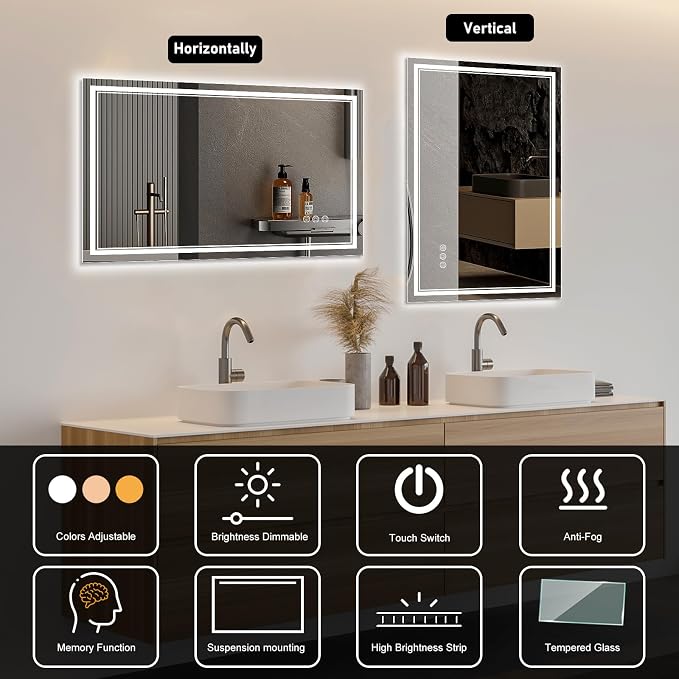Ratsamee 72x32 Inch LED Bathroom Mirror with Frontlit & Backlit, Lighted Mirror for Bathroom Wall with 3-Color Dimmable & Anti-Fog, Vanity Mirror with Lights