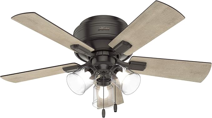 Hunter Crestfield, Indoor, Ceiling Fan, Quiet, 42 inch, Noble Bronze | with LED Lights and Pull Chain, Low Profile Flush Mount, 5 Blades, For Bedroom, Living Room, Kitchen, 52153